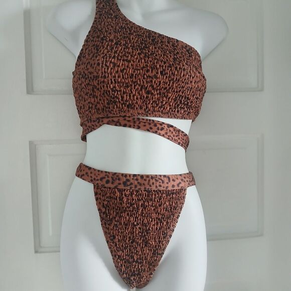 Missguided Tall High Leg Bikini Wrap Tie Style Crinkle Set Animal Print Size 6 - Picture 2 of 14